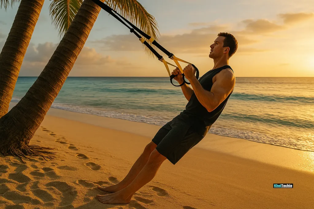 Traveler using TRX straps for workout on a beach at sunset