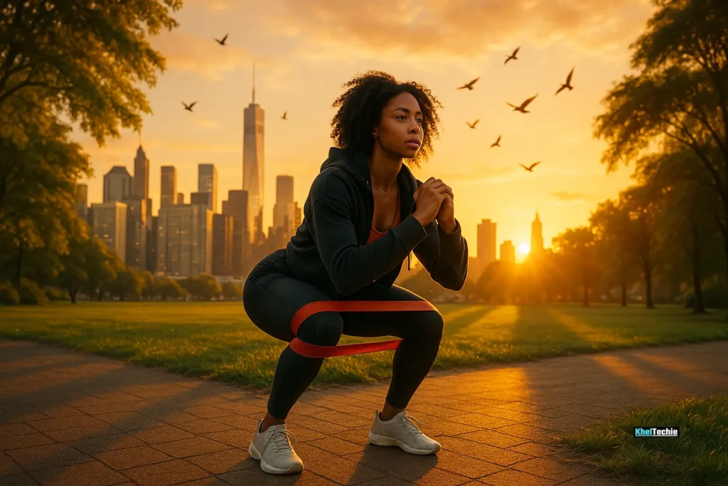 Traveler working out with resistance bands in a sunrise-lit city park