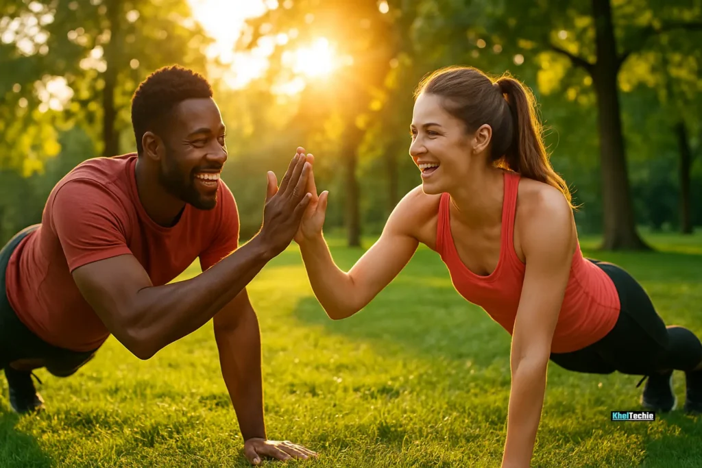 Two friends performing a partner plank challenge in a sunlit park, smiling and motivating each other