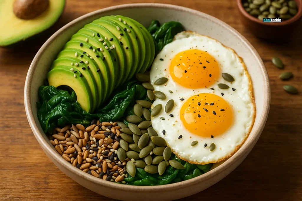 Vegetarian keto breakfast bowl with avocado, eggs, and seeds