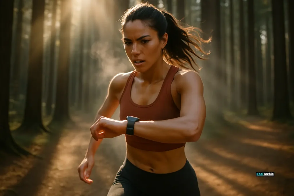 Woman checking fitness watch mid-run in sunlit forest