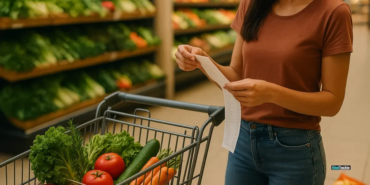 Woman reviewing grocery receipt with healthy food choices while avoiding processed snacks containing hidden sugars