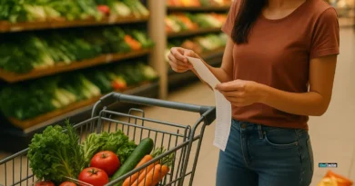 Woman reviewing grocery receipt with healthy food choices while avoiding processed snacks containing hidden sugars