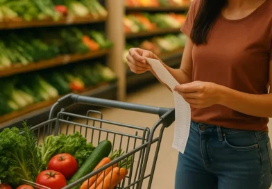 Woman reviewing grocery receipt with healthy food choices while avoiding processed snacks containing hidden sugars