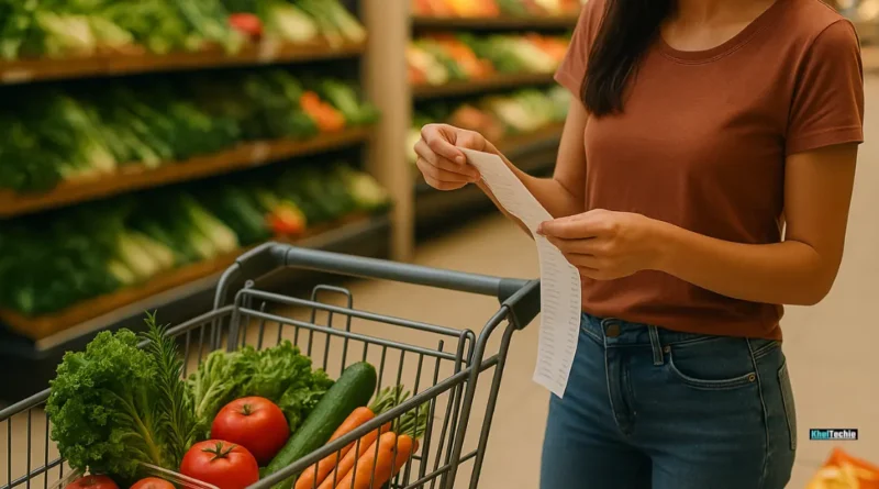 Woman reviewing grocery receipt with healthy food choices while avoiding processed snacks containing hidden sugars