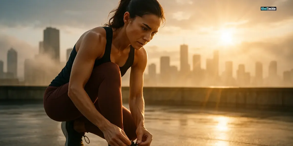 Woman tying running shoes on rooftop at sunrise, symbolizing a fresh fitness start