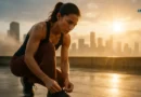 Woman tying running shoes on rooftop at sunrise, symbolizing a fresh fitness start