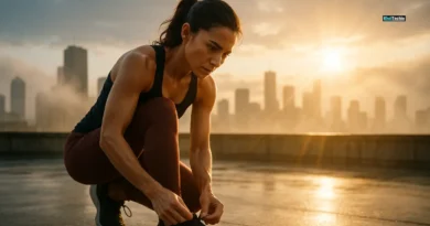 Woman tying running shoes on rooftop at sunrise, symbolizing a fresh fitness start