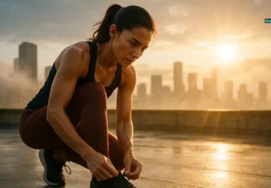 Woman tying running shoes on rooftop at sunrise, symbolizing a fresh fitness start
