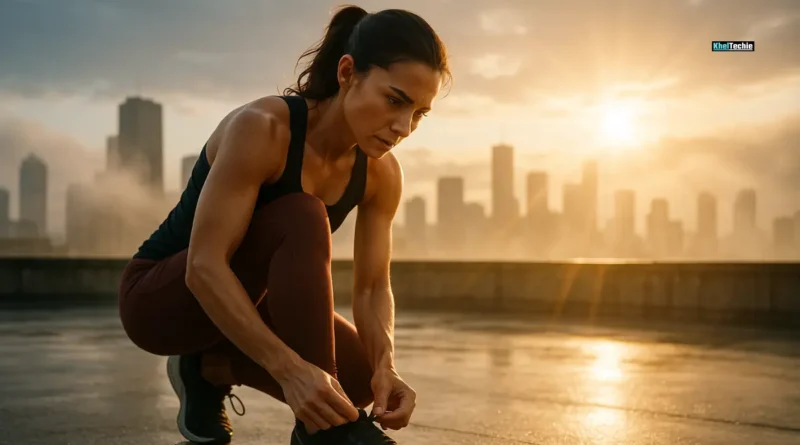 Woman tying running shoes on rooftop at sunrise, symbolizing a fresh fitness start