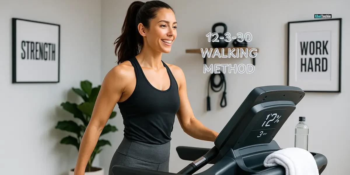Woman walking on a treadmill at 12% incline during 12-3-30 workout