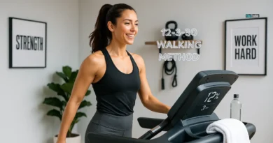 Woman walking on a treadmill at 12% incline during 12-3-30 workout