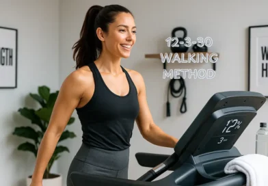 Woman walking on a treadmill at 12% incline during 12-3-30 workout