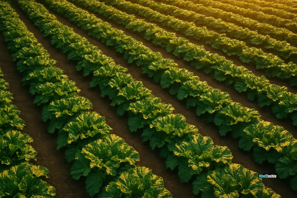 Overhead view of rhubarb field during sunset