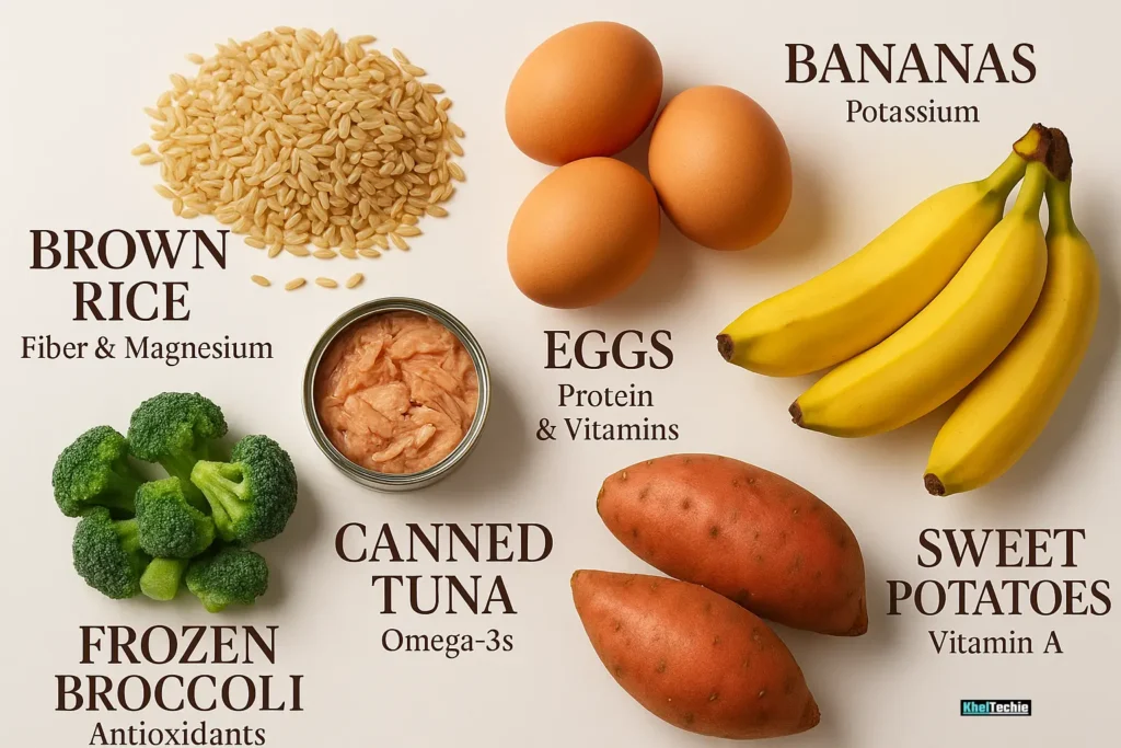 Affordable nutrient-dense foods like eggs, tuna, rice, and bananas on a white backdrop