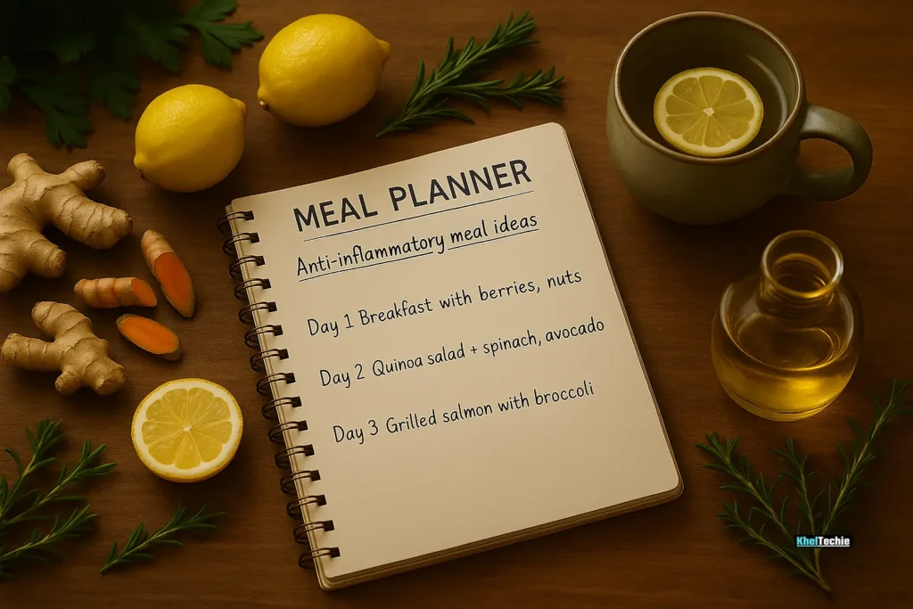 Anti-inflammatory meal plan journal with fresh ingredients and green tea