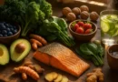 Anti-inflammatory superfoods like salmon, avocado, berries, and leafy greens on a rustic wooden table