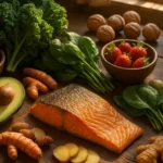 Anti-inflammatory superfoods like salmon, avocado, berries, and leafy greens on a rustic wooden table