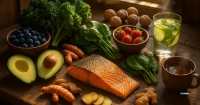 Anti-inflammatory superfoods like salmon, avocado, berries, and leafy greens on a rustic wooden table