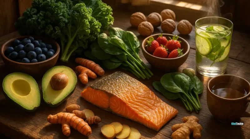 Anti-inflammatory superfoods like salmon, avocado, berries, and leafy greens on a rustic wooden table
