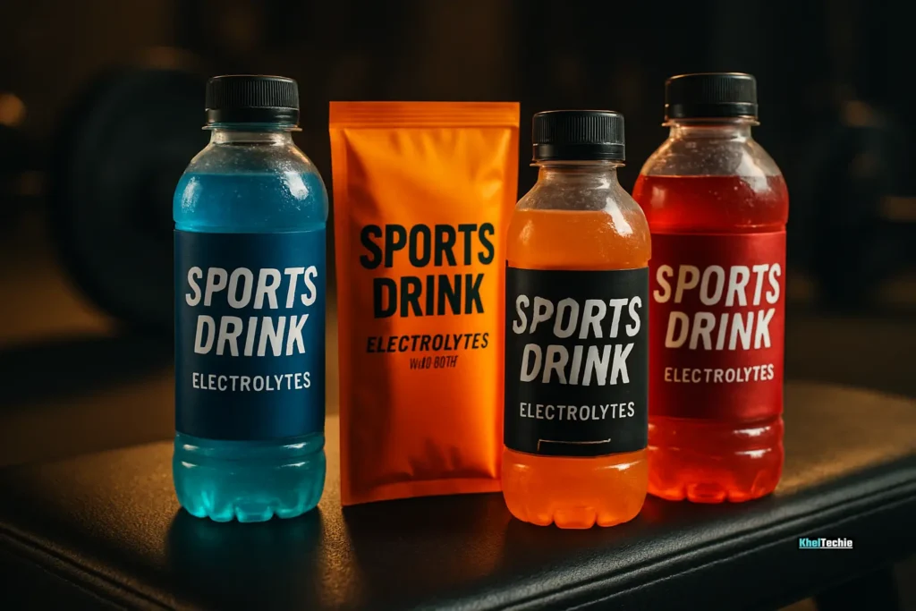 Assorted sports drinks and electrolyte powders in gym setting