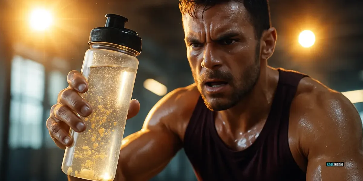 Athlete hydrating during intense gym workout with electrolyte drink in hand