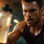 Athlete hydrating during intense gym workout with electrolyte drink in hand