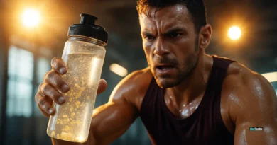 Athlete hydrating during intense gym workout with electrolyte drink in hand