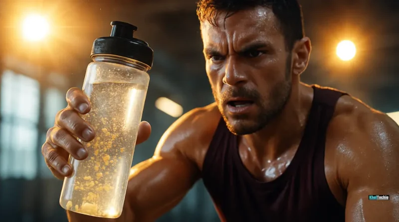 Athlete hydrating during intense gym workout with electrolyte drink in hand