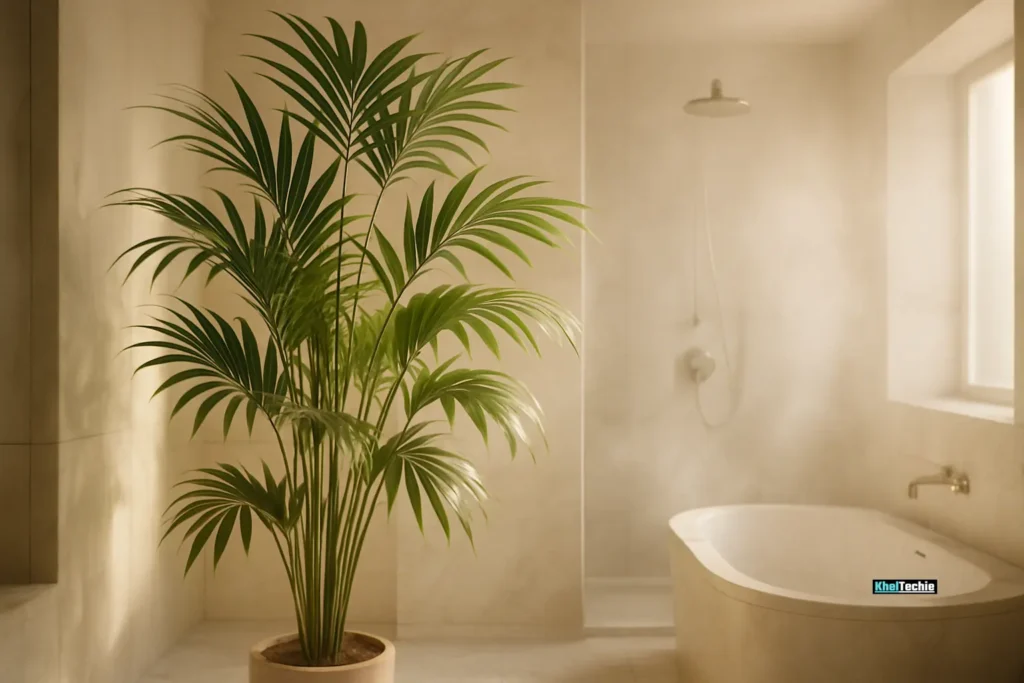 Bamboo palm in humid bathroom, natural air filter