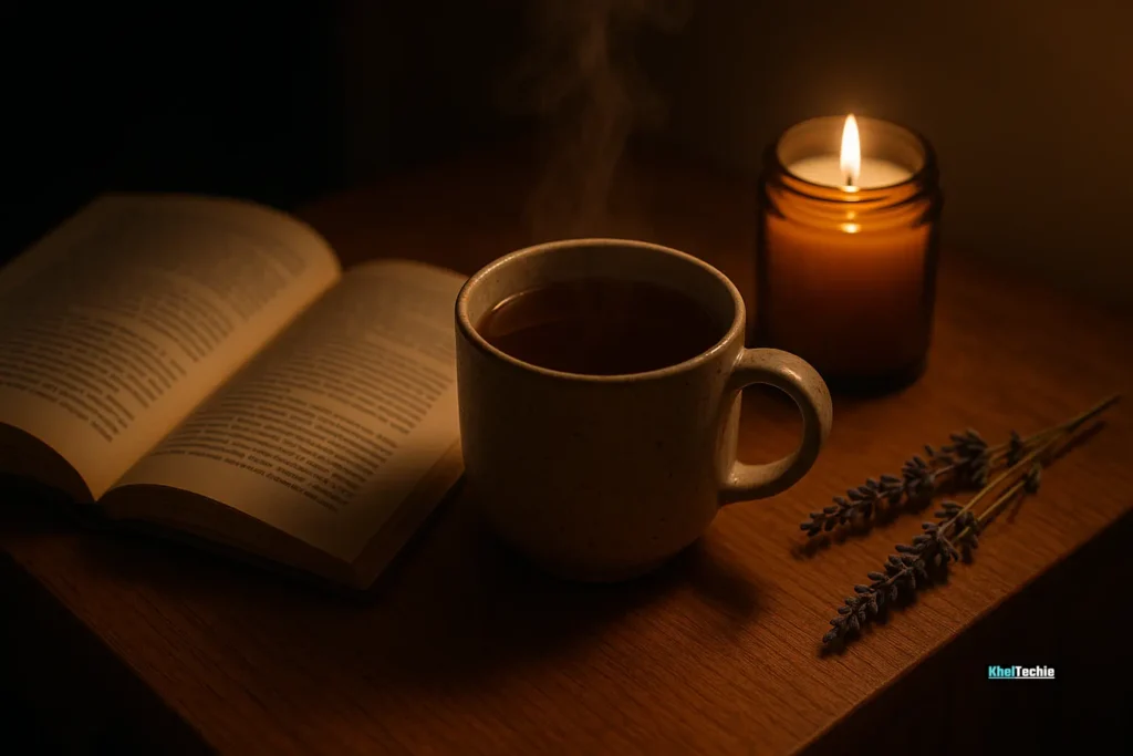 Bedside flat lay with book, herbal tea, candle, and lavender