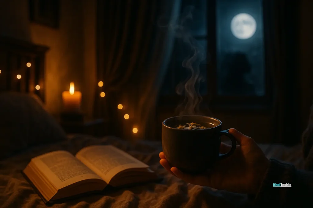 Bedtime herbal tea with steam rising in moonlit room