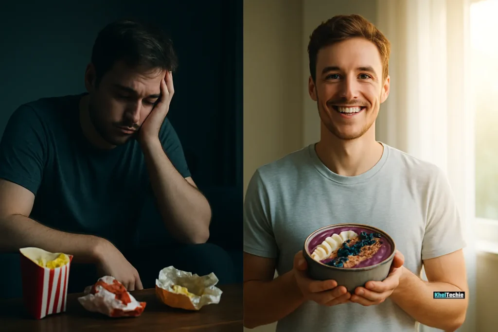 Before and after image showing lifestyle change from junk food to anti-inflammatory diet