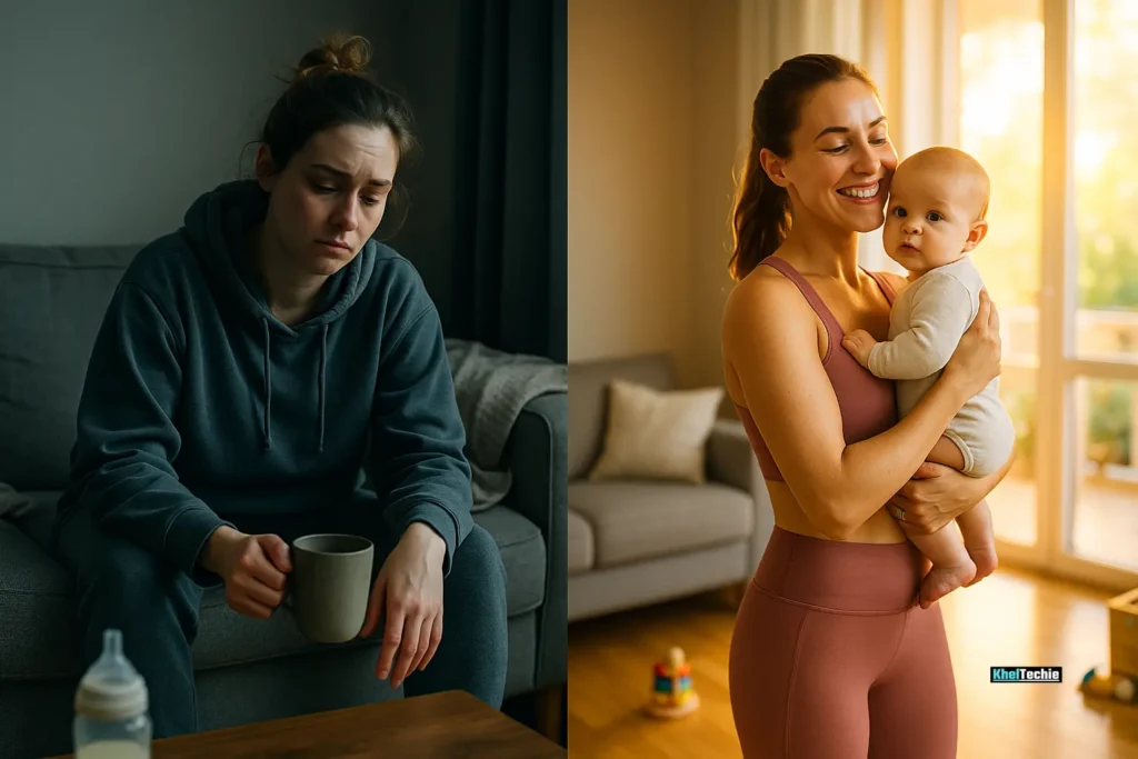 Before and after workout transformation for a new mom