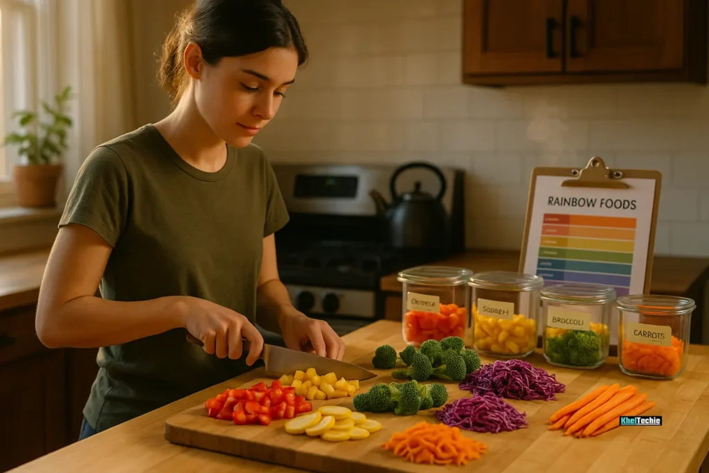 Beginner prepping colorful vegetables in a bright home kitchen with rainbow meal planner
