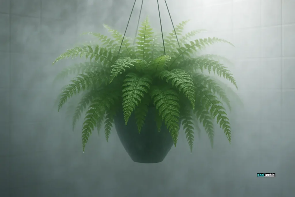 Boston Fern in misty bathroom, air and humidity helper