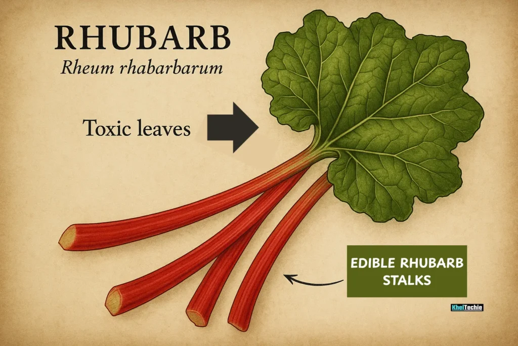 Botanical illustration showing edible rhubarb stalks and toxic leaves