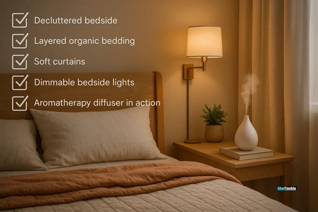 Calm and organized bedroom with elements like diffuser, blackout curtains, and cozy bedding