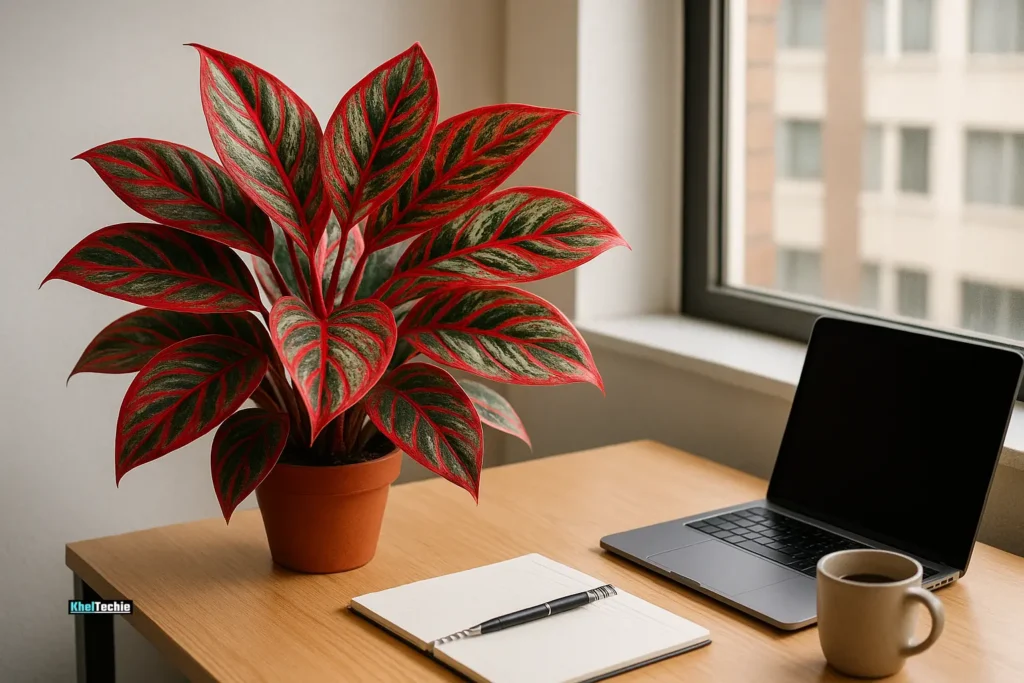 Chinese evergreen plant in workspace, easy-care purifier