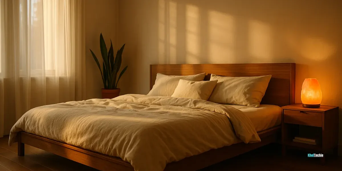 Cinematic cozy bedroom with soft lighting, plants, and minimalist sleep sanctuary setup