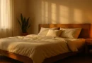 Cinematic cozy bedroom with soft lighting, plants, and minimalist sleep sanctuary setup