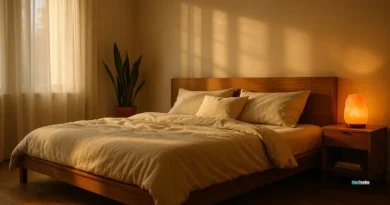 Cinematic cozy bedroom with soft lighting, plants, and minimalist sleep sanctuary setup