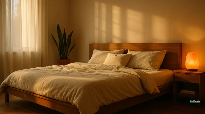 Cinematic cozy bedroom with soft lighting, plants, and minimalist sleep sanctuary setup