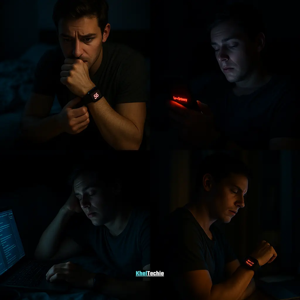 Cinematic visuals of common wearable sleep tracking mistakes—battery, screen time, and stress