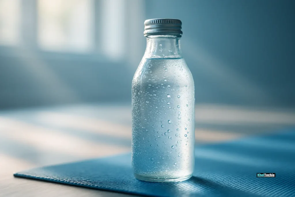 Clear water bottle with condensation on yoga mat in natural light