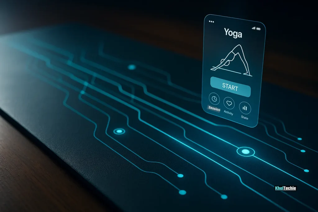 Close-up of glowing pressure sensors on a smart yoga mat with floating app interface