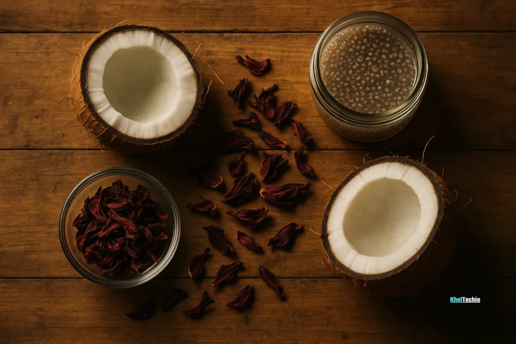 Coconut water, hibiscus tea, and chia drinks arranged naturally on wooden table