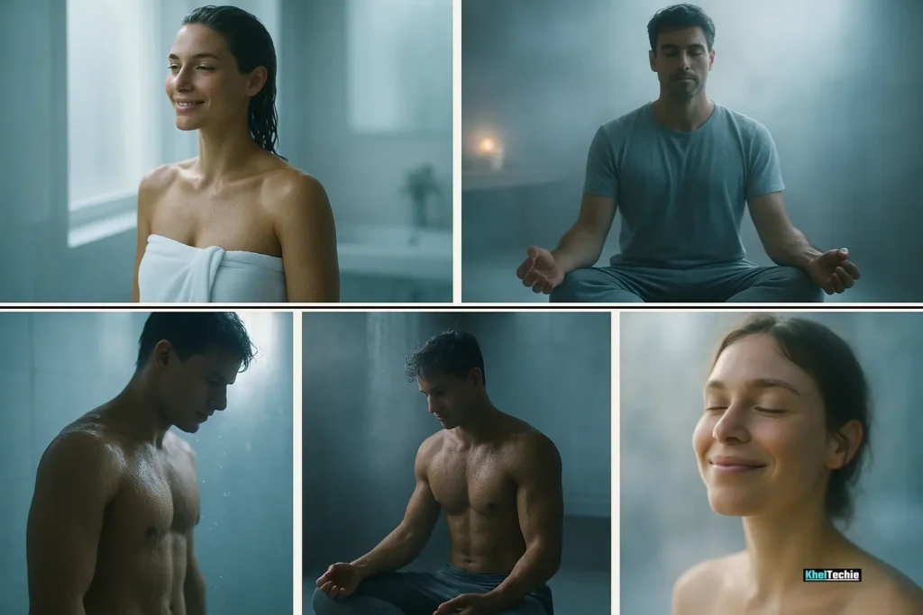 Collage of cold shower wellness benefits: mood, skin, energy, focus and recovery