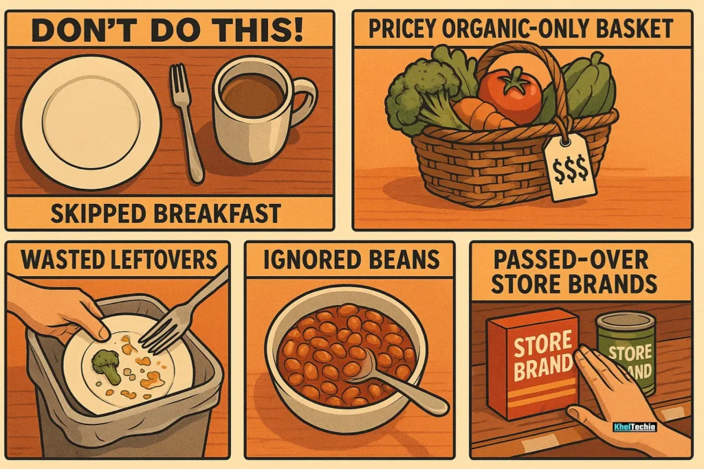 Collage of common food budget mistakes like skipping meals and wasting leftovers