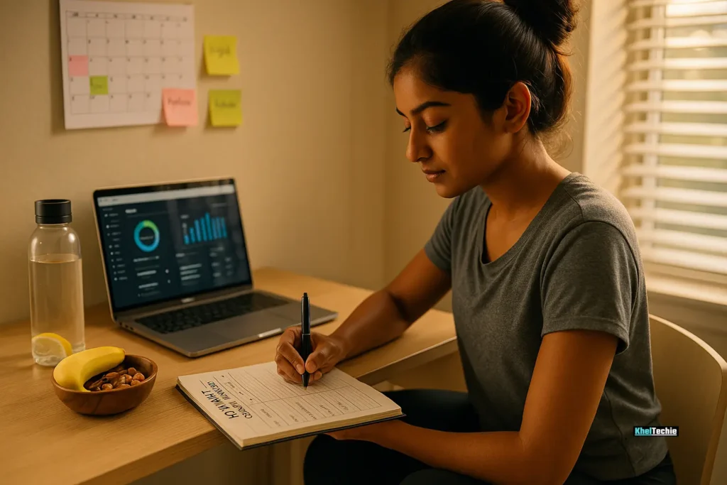 College student writing SMART fitness goals in a journal with workout apps open beside her